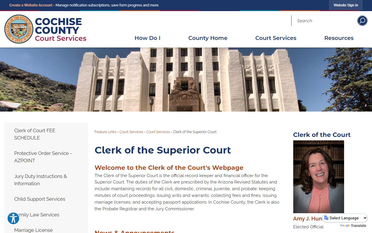 Cochise County Clerk of the Superior Court page