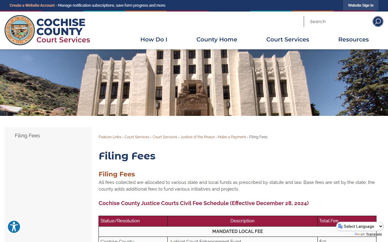 Cochise County filing fees schedule