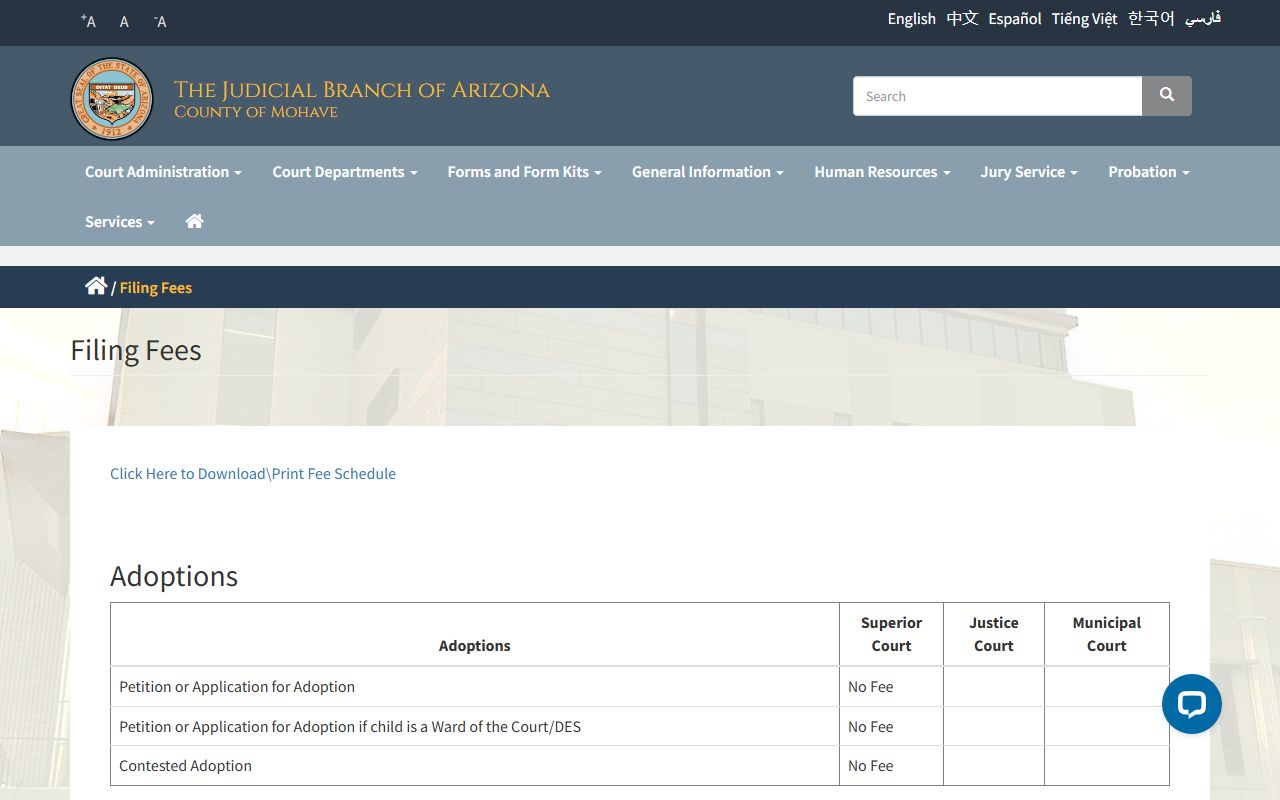 Mohave County court filing fees schedule