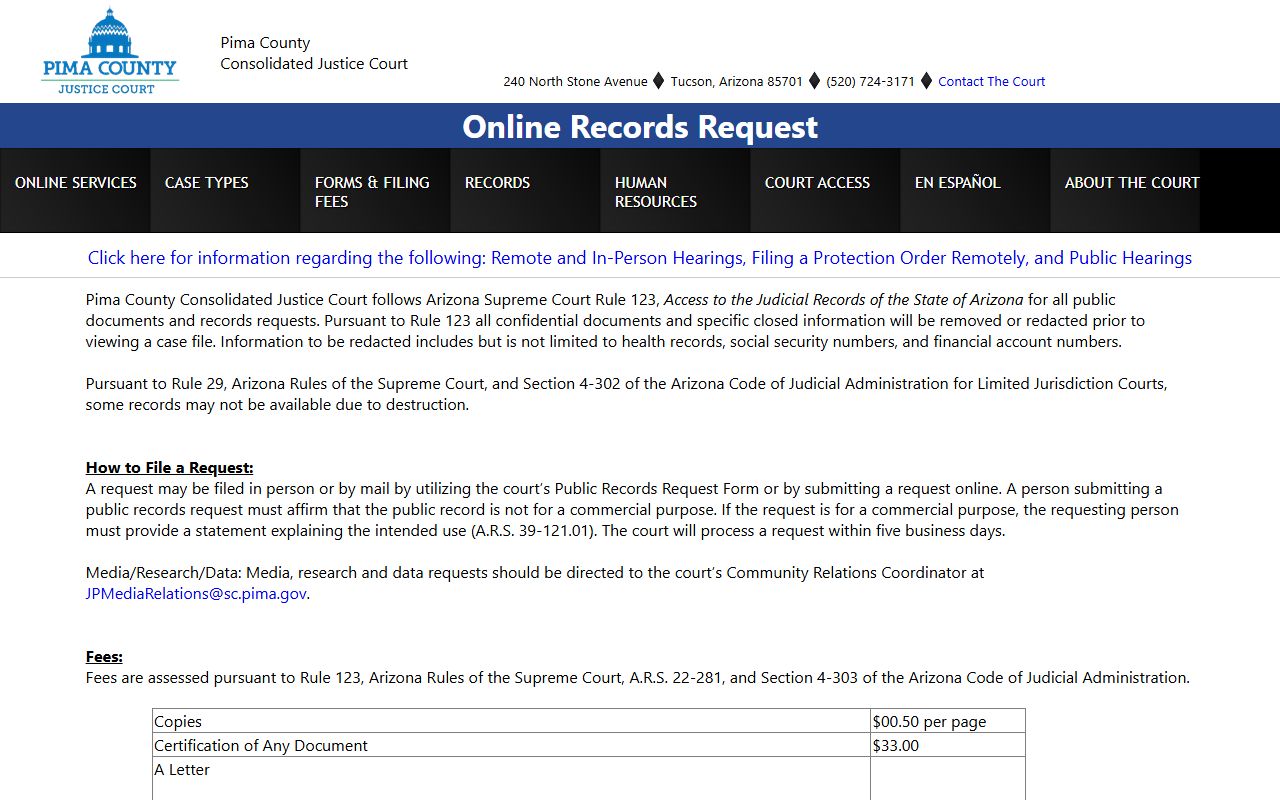 Pima County online records request form for divorce decrees
