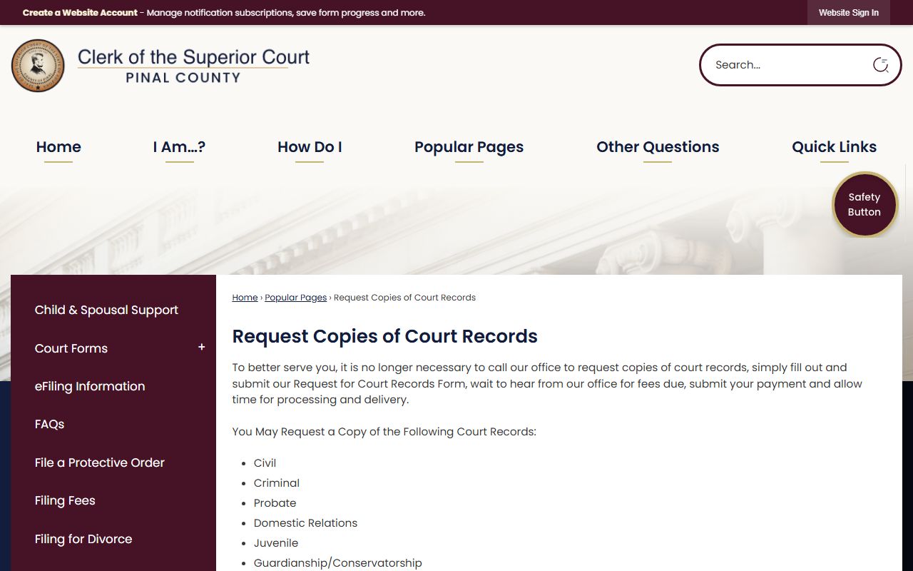 Pinal County Clerk of Court records request page