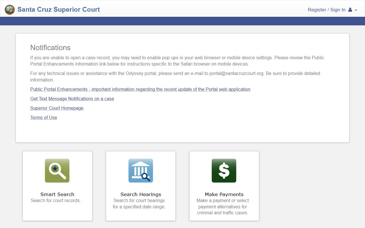 Santa Cruz County court portal login page