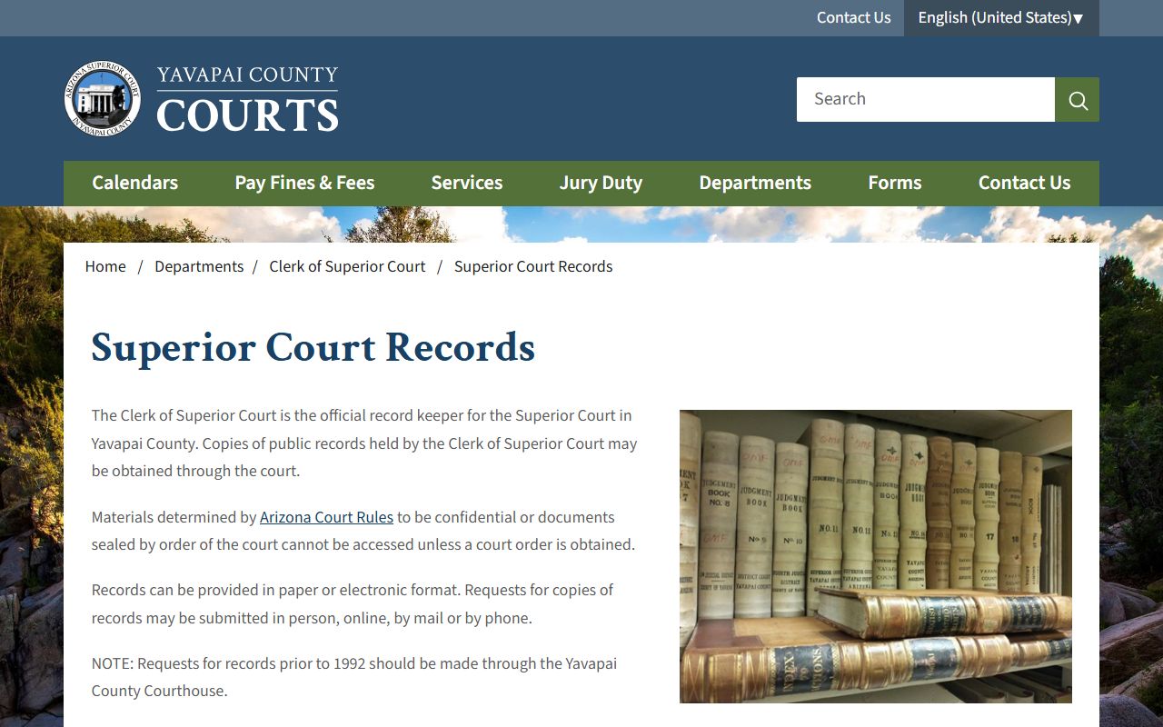 Yavapai County Superior Court Records request page