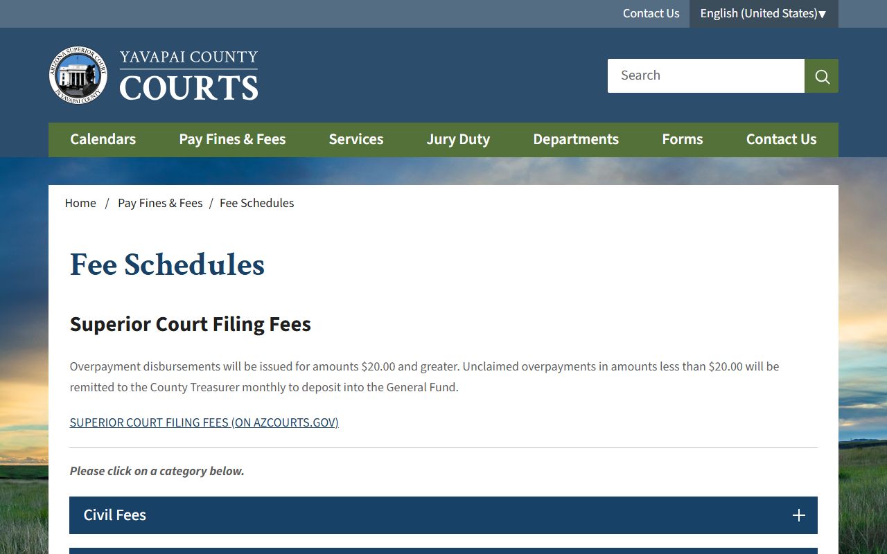 Yavapai County fee schedule for court services