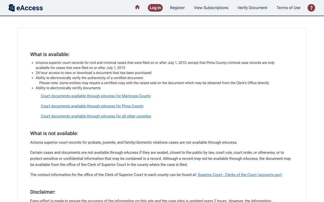 Arizona eAccess Portal for divorce decree documents