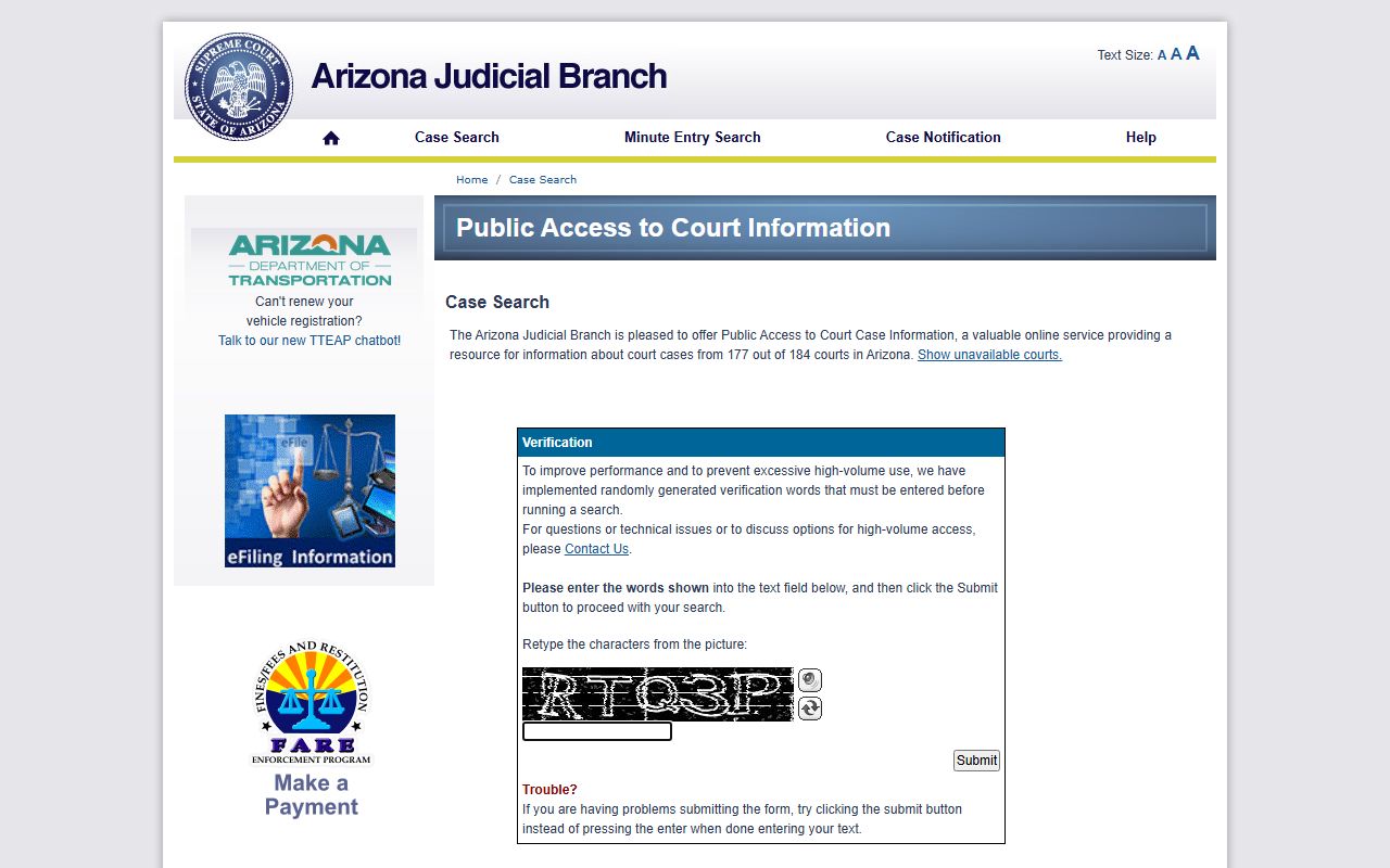 Arizona Public Access case lookup portal