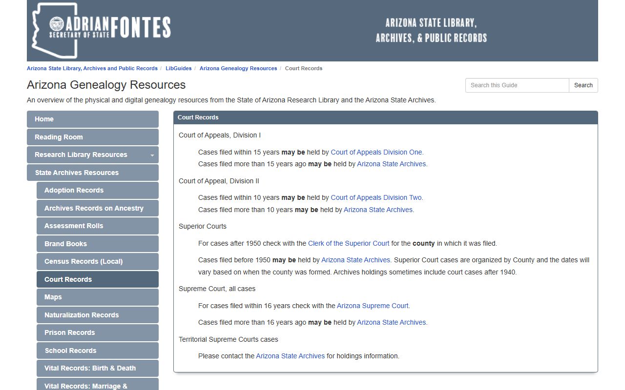 Arizona State Archives court records guide